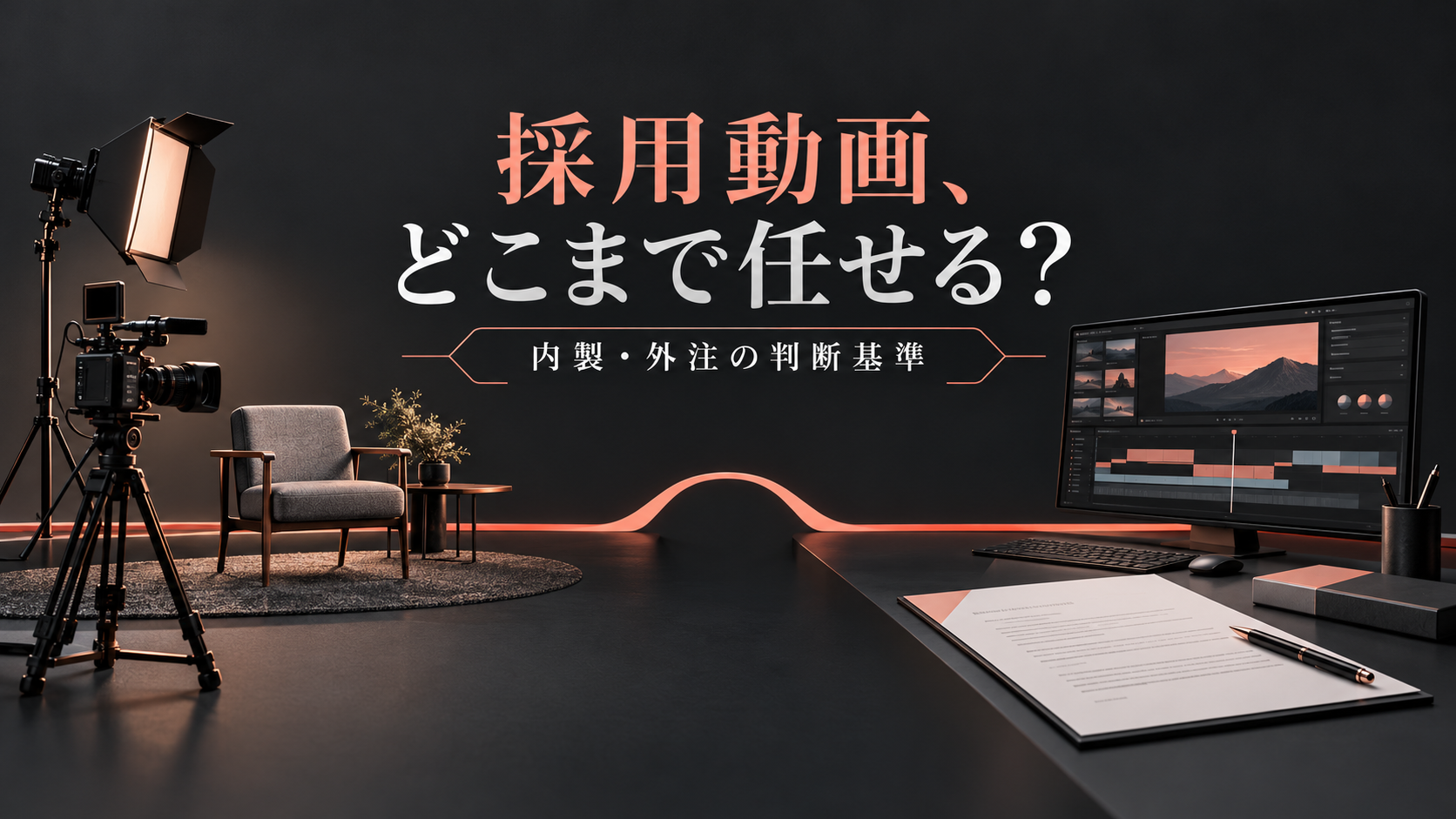 採用動画、どこまで任せる? 撮影セットと編集机をつなぐコーラル色の線